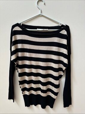 Italian Wool and Cashmere Black and Cream Striped Off-the-Shoulder Sweater